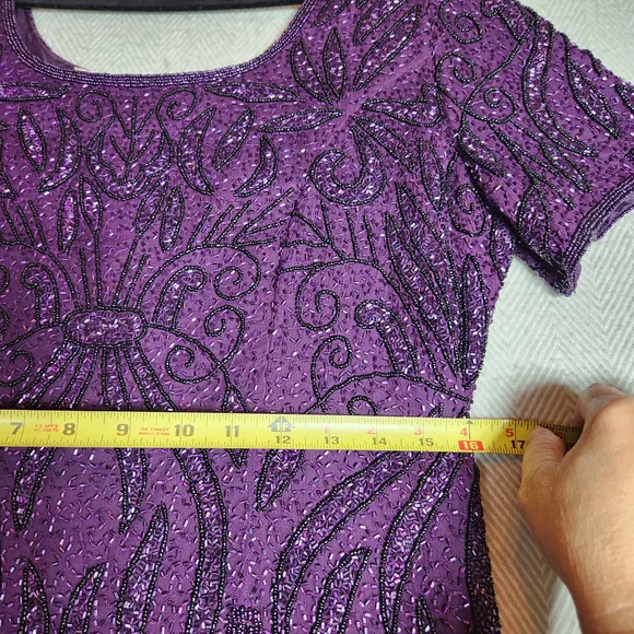Vintage Stenay Plum Purple Glass Beaded 100% Silk Maxi Dress Womens Size 14 - Picture 7 of 15